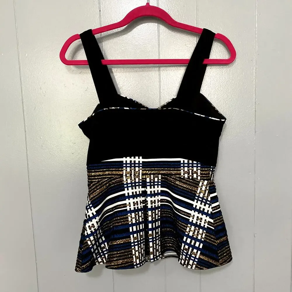 Anthropologie Deletta Nathalie Black Plaid Metallic Peplum Elegant Tank Top S - Picture 5 of 8